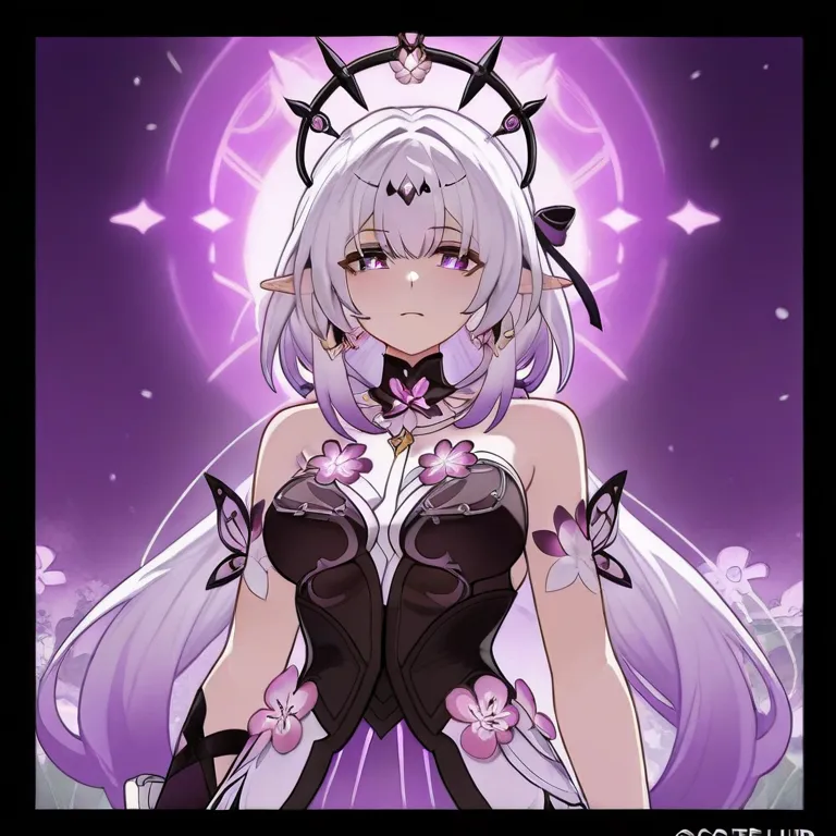 Castorice from Honkai Star Rail. palid skinned adult woman slanted violet eyes, elf ears, bright white shoulder-lenght straight white hair and two tied back long hair violet locks, She uses a black crown with purple little gens decals, purple and white bar...