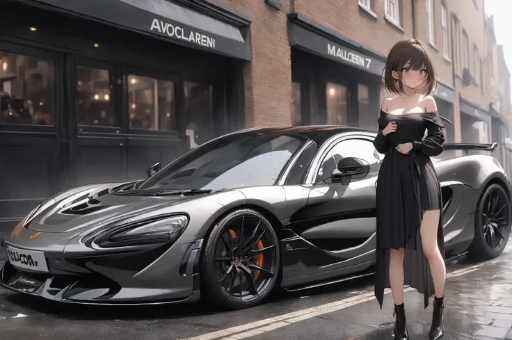 (masterpiece, detailed:1.2), One Girl, (18-years old), brown long Bob Cut, Medium Breasts, off shoulder, BREAK, Highest quality, in UK, BREAK, standing, deep Blue metallic "McLaren 750S", from avobe