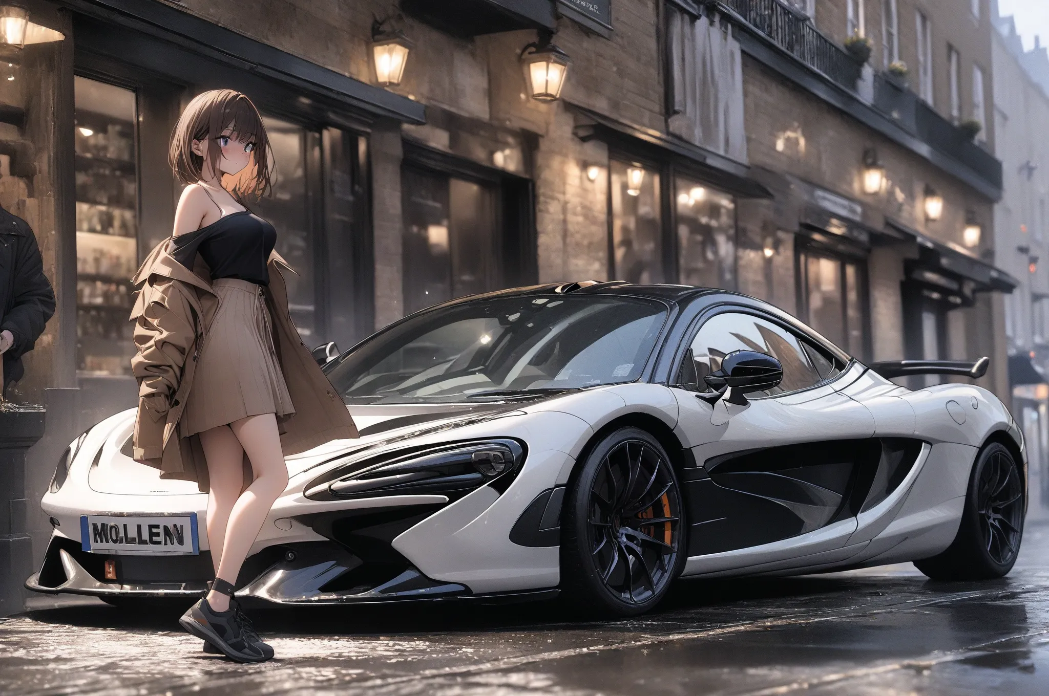 (masterpiece, detailed:1.2), One Girl, (18-years old), brown long Bob Cut, Medium Breasts, off shoulder, BREAK, Highest quality, in UK, BREAK, standing, deep Blue metallic "McLaren 750S", from avobe