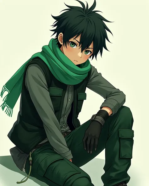 

*"Realistic anime style, young anthropomorphic male with a scarf around the neck, vest, and cargo pants. Color scheme: green and black, high contrast. Pose: sitting, epic and dramatic. Avoid cropping, no background."*

This keeps the description clear an...