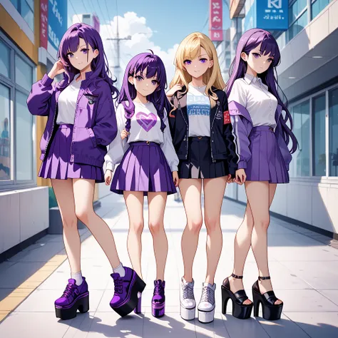 anime girls, 3girls, purple long hair, purple eyes, full body, standing, bare legs, white shirts, purple jacket, purple skirts, black platform shoes