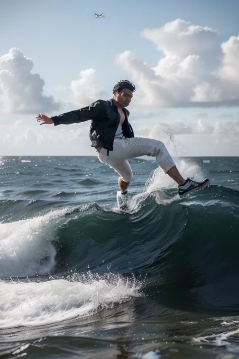 Seen from the front, a handsome man with black hair, wearing a white t-shirt, black jacket, black trousers, white sports shoes, flies low over the sea, his feet hovering above the surface of splashing sea water, gusts of wind, crashing waves.