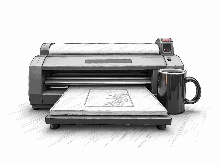 " t-shirt Realistic black and white illustration showing the sublimation processes, serigraphy , professional vinyl cut and print . It includes a thermal press printing a , un marco de serigraphy  con tinta,  a vinyl cutter plotter and a sublimated mug .  ...