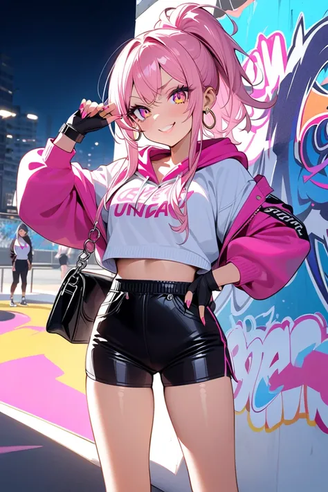 1 girl, (masterpiece, best quality, ultra-detailed), (perfect lighting, soft shadows),  
 gyaru, fashionable, pink hair, sporty yet stylish, trendy streetwear,  
(unique hairstyle: high ponytail with loose strands or messy bun with curtain bangs),  
(disti...