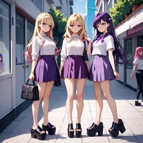 anime girls, 3girls, purple long hair, purple eyes, full body, standing, bare legs, white shirts, purple skirts, black platform shoes