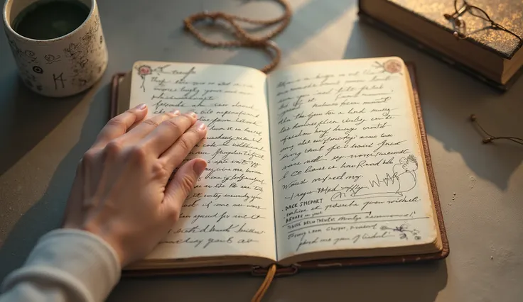  An open notebook with written notes and recorded memories,  moment with one hand gently passing through the words , as if I were reliving each .  high definition image ,