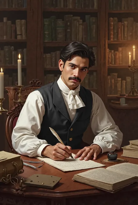 image of dr. Jose Gregorio Hernandez, a young man of about 26 years old with a mustache writing a letter in a 19th century environment in Caracas Venezuela