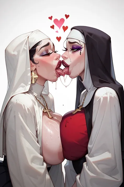 2 20-year-old nuns,  big breasts,  big glue, thin, kissing very passionately, sensual, Saliva drains from the nuns' mouths