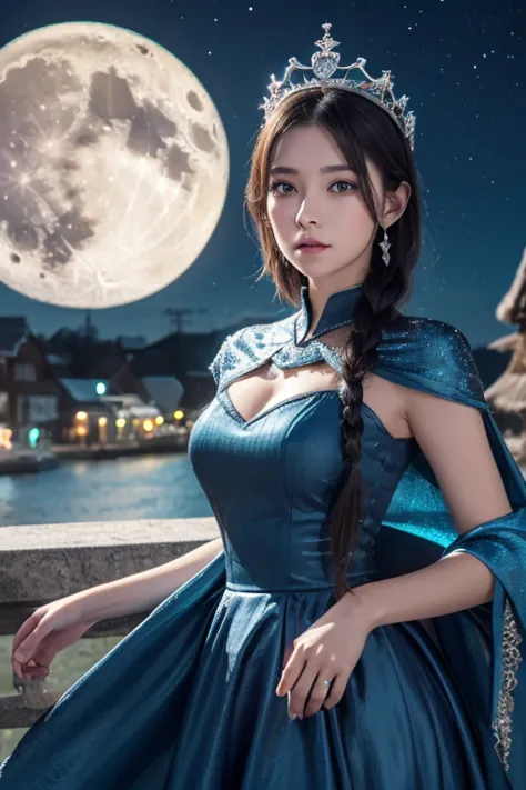   knight , (( 1 girl)), Alone, Masterpiece, 8k wallpaper,  high resolution,   Dumb , High quality backgrounds,  short hair while on a business trip,  black hair, Multicolored Hair, Beautiful frozen village, (Bright full moon),  Blue Dress,  detailed dress ...