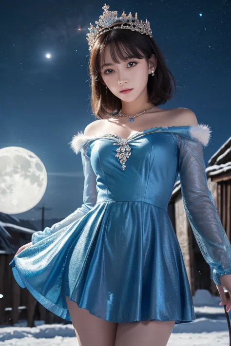   knight , (( 1 girl)), Alone, Masterpiece, 8k wallpaper,  high resolution,   Dumb , High quality backgrounds,  short hair while on a business trip,  black hair, Multicolored Hair, Beautiful frozen village, (Bright full moon),  Blue Dress,  detailed dress ...