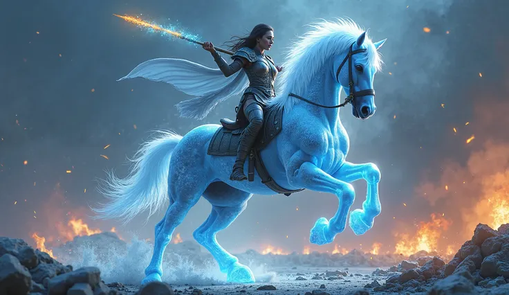 A powerful ice horse with a long, flowing mane rears up on its hind legs, its transparent body shimmering like pure ice, reflecting the chaotic glow of fire and destruction around it. Each time its hooves touch the ground, they ignite a burst of blue and y...