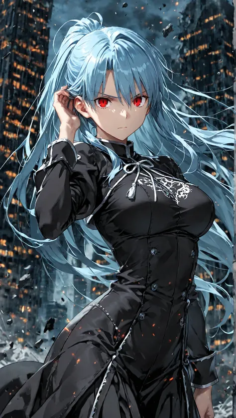 1girl, Riesbyfe from Melty Blood, Melty Blood (Tsukihime series),cowboy shot, destroyed skyscraper, hand on ear,medium large breasts, serious, agressive eyes, Long ponytail, ,, masterpiece, best quality, amazing quality, detailed background, intricate deta...