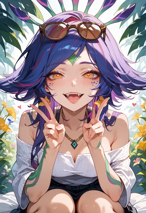 masterpiece, high resolution, best quality ,8k (League of legends Neeko ) (Brown glasses) silent pose, blushing, ebarrasing, alone, high purity eyes, lewd smile, look of disinterest, sexual pose, casual clothes, Love juice, looking at you , duck mouth, pea...