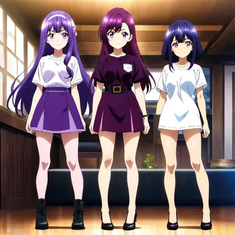 anime girls, 3girls, purple long hair, purple eyes, full body, standing, bare legs, white t-shirts, purple skirts, black shoes