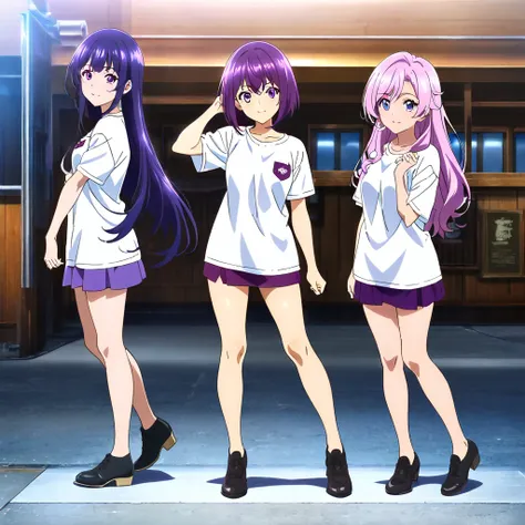 anime girls, 3girls, purple long hair, purple eyes, full body, standing, bare legs, white t-shirts, purple skirts, black shoes