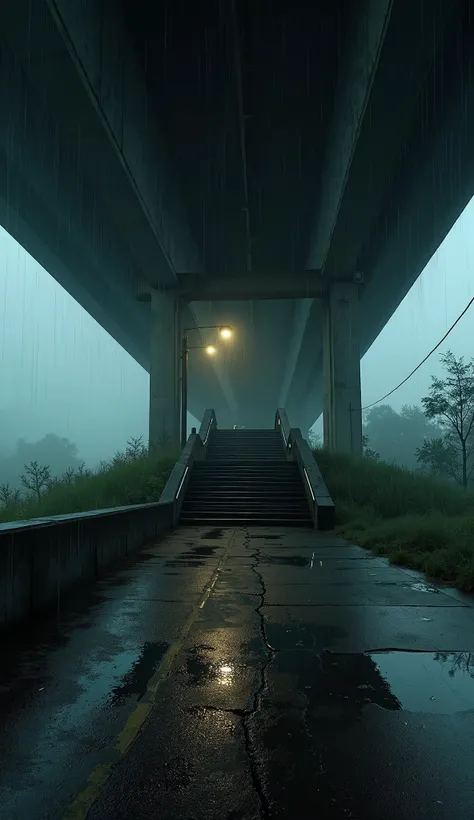 "A massive highway overpass, dark and sheltered from the endless rain. The sound of cars above is muffled by the thick concrete, creating a distant hum. In front, a set of worn, wet stairs leads up toward the unknown, barely illuminated by a dim, flickerin...