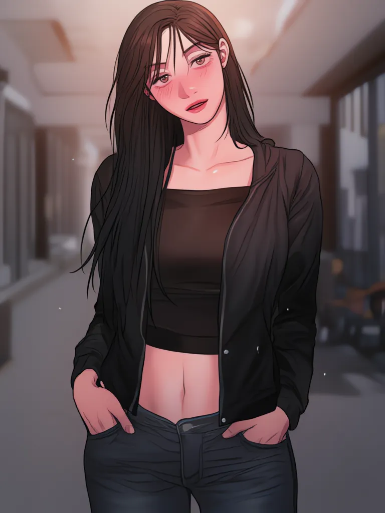 Korean woman, deep black eyes, long straight black hair, pretty woman, intensely rosy cheeks, creamy skin, pretty eyes, sculpted face, very defined, ultra quality, Black campus jacket ,black shirt, blue jeans, hands in pockets,fitness abs,muscle,sweet expr...