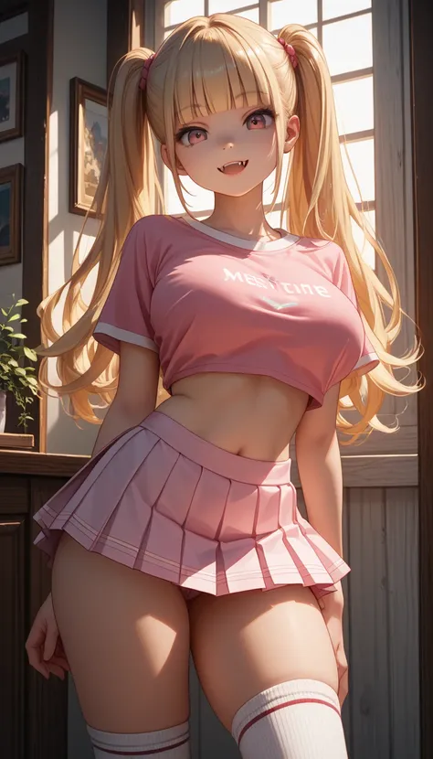 Masterpiece, Detail, Detailed, Best Quality, Perfect Anatomy, Super Detailed Skin
,
1 girl, beautiful pretty Japanese, beautiful face, blunt bangs, twintails, blonde straight hair, fang, skinny, (young), (cute), (curvy), (big breasts), (thick thighs), slim...