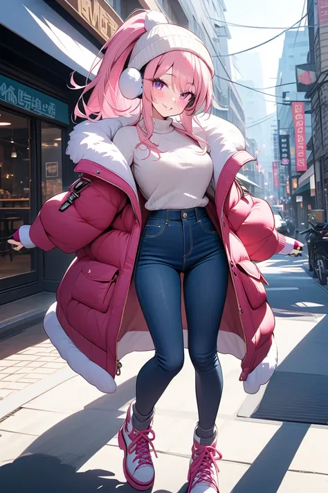 1 girl, 
(masterpiece, best quality, ultra-detailed), (perfect lighting, soft shadows),  
 gyaru, fashionable, pink hair, winter street casual, stylish and cozy,  

// **Hairstyle＆ facial features （fixed）**  
(hairstyle: high ponytail with loose strands, s...