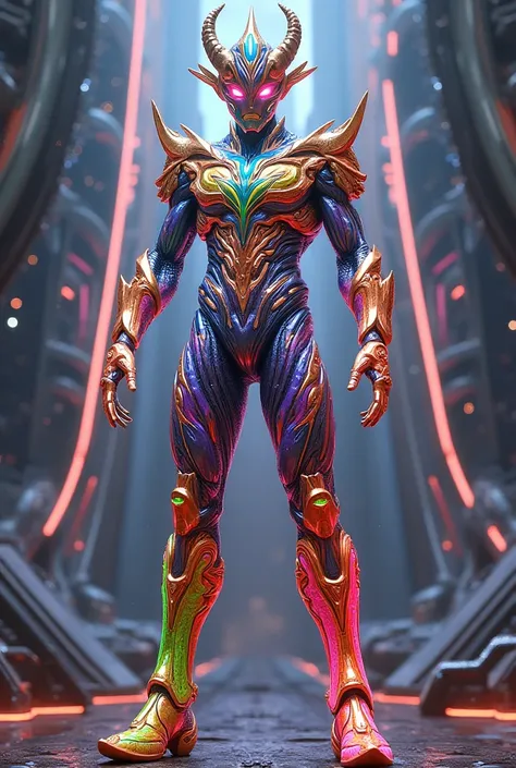 The color of the body is rainbow, alien-like, has horns on the forehead, feels like Ultraman with no color timer, the background is futuristic