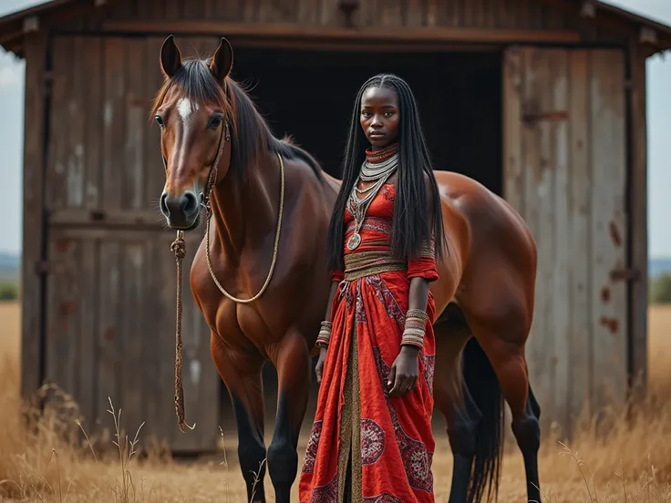 a tall Masai woman stands by a barn next to a full-length horse. she is very tall.  long hair .  realistic photo