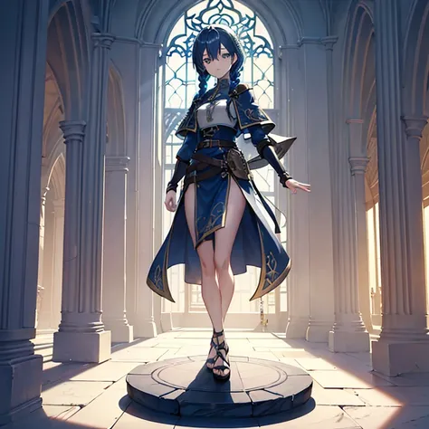 Blue Haired Girl (Ethnicity: 1.2), (Age: 2.0), (Clothing Details: 1.2), (Accessories: 1.1), (Facial Features: 1.3), (Expression: 1.2), (Body Type: 1.1), (Pose: 1.2), Center of an ornate Gothic cathedral-like environment, Two long braids of blue hair, Well-...