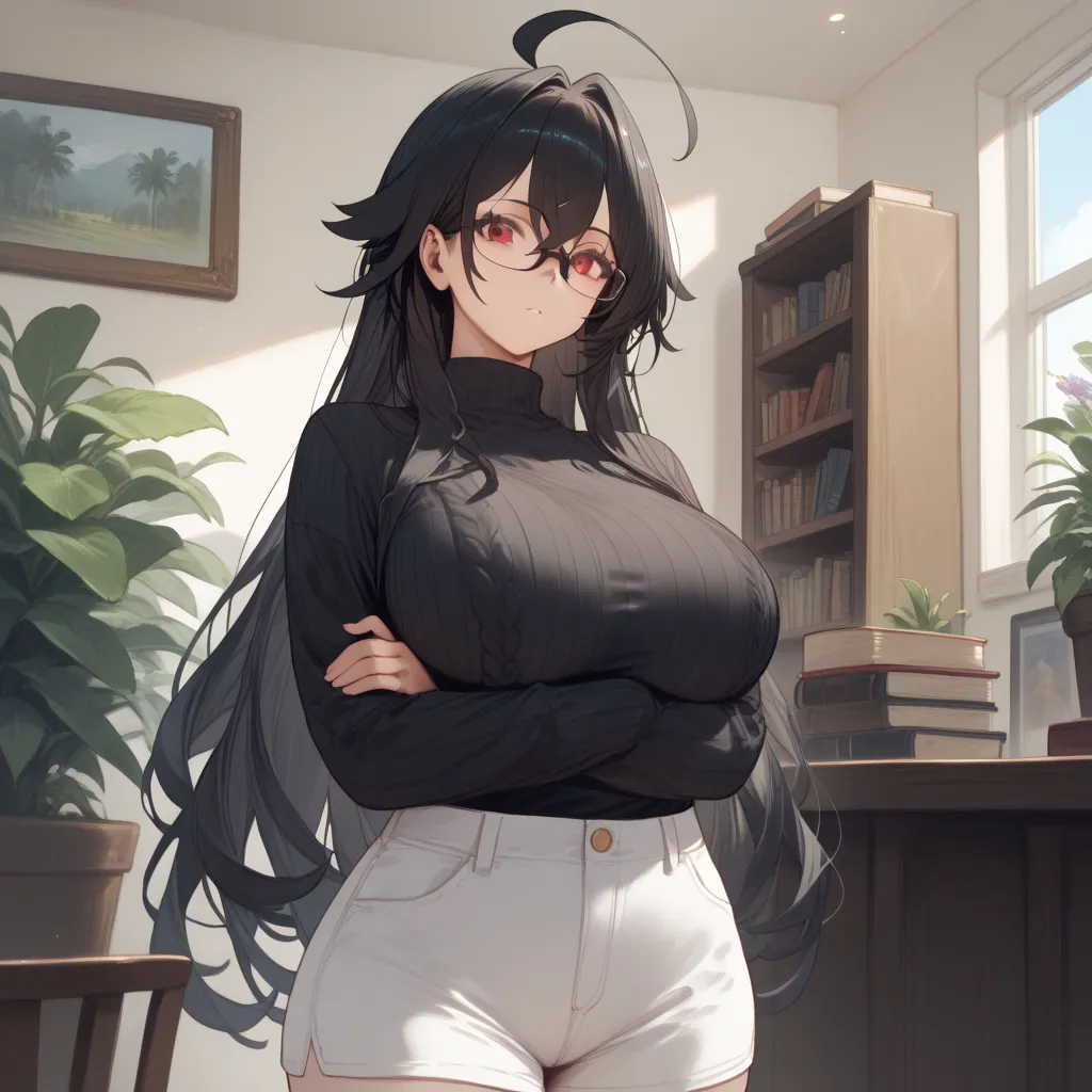 Score 4, 1girl,Alone, huge ahoge, very Long black hair, red eyes ,huge breasts, Black sweater, long sleeves, white shorts, hard-frame glasses, Arms crossed under the breasts,Full body view, Room, chairs, books, plants 