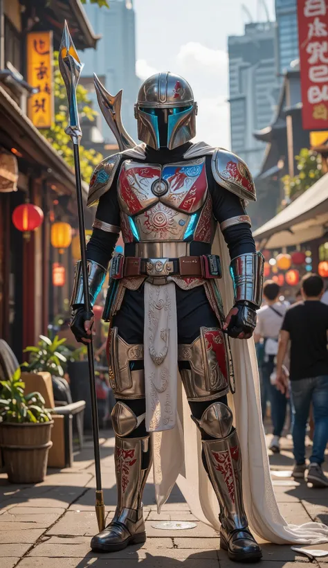 **Prompt:**  
"A hyper-realistic and extremely detailed illustration of a Mandalorian warrior inspired by Taiwan's culture, standing proudly in full battle armor. The armor is a fusion of traditional Taiwanese cultural patterns and futuristic cybernetic de...