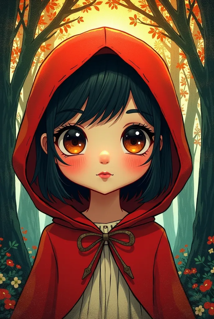 retro photo on old scratched paper , red riding hood chibi manga girl , forest,  , by Ceccoli , detailed,  glittering, , retro, grunge,   by Kandinsky, light on face,  baroque portrait, stained glass