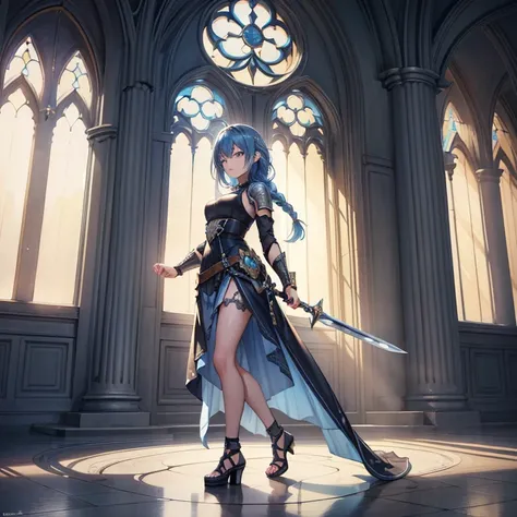 Blue Haired Girl (Ethnicity: 1.2), (Age: 2.0), (Clothing Details: 1.2), (Accessories: 1.1), (Facial Features: 1.3), (Expression: 1.2), (Body Type: 1.1), (Pose: 1.2), Center of an ornate Gothic cathedral-like environment, Two long braids of blue hair, Well-...