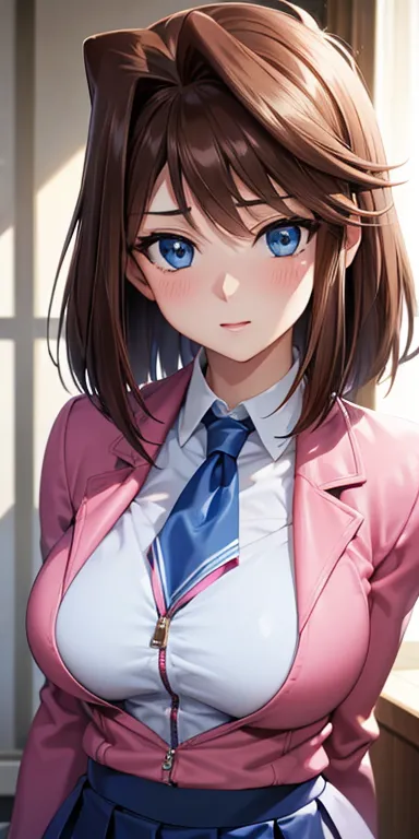  1 female, high definition, high resolution,  ultra-realistic  ,8K, aamazaki, ( hair antenna:1.2), blue eyes, blue,  pink jacket, blazer,  Long Sleeves Leather, falda blue,  Skinny skirt ,  miniskirt, pleated skirt ,  neckline ,European,sexy, Close-up of t...