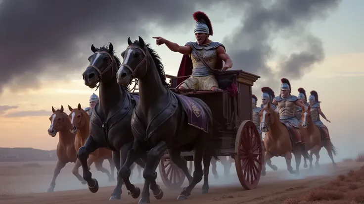 The Thracian king in his Greek chariot drawn by two black horses, followed by soldiers on chestnut horses. The king is pointing forward, giving the order to attack, and shouting furiously. Colorful and realistic style.
