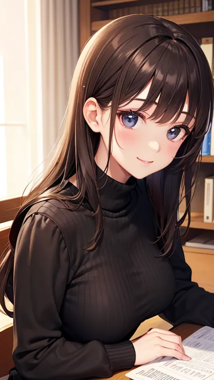 Shiny brown hair, (Beautiful brown eyes、Sparkling eyes, Fine grain)、smile、Ultra-detailed eyes、Highly detailed face, Highly detailed eyes,( big breasts:1.1),(Bookshelf and bed)

(He's sitting next to me and teaching me how to study),(Sitting with your upper...