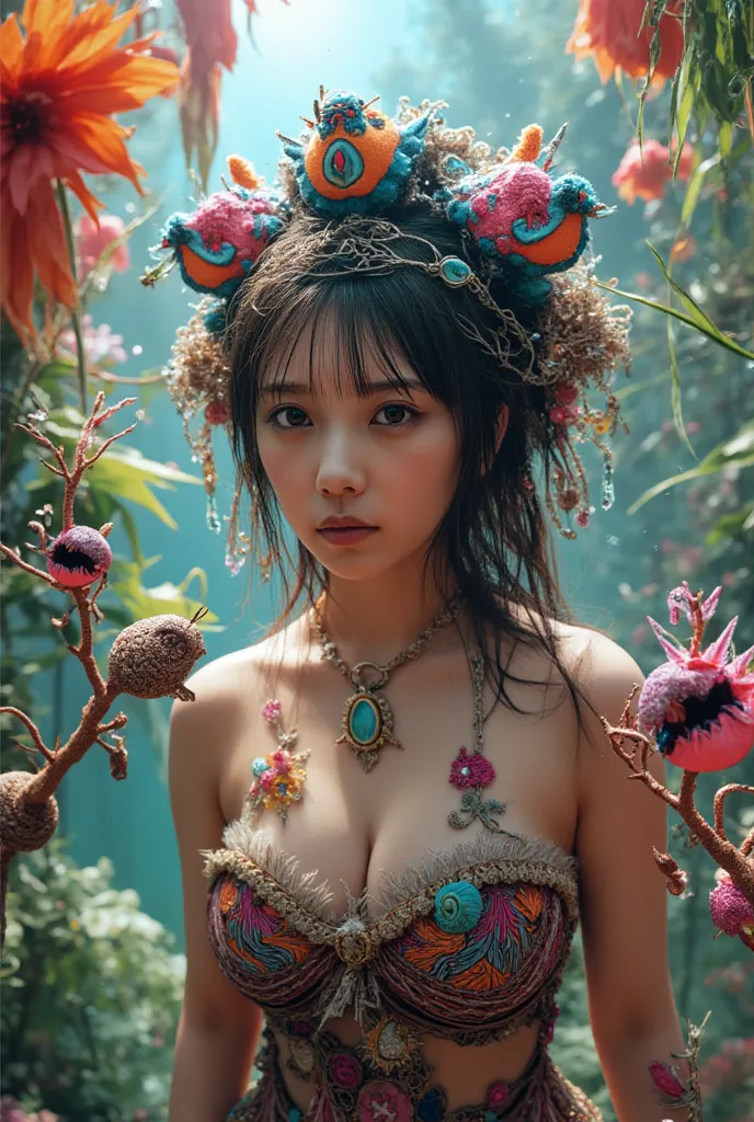 Girl in Wonderland, Hyper realistic surreal 3D close-up rendering.
Showing off the figure of a fantastic woman in a colorful, a whimsical illustration with, tropical flowers and creatures.
Digital painting, roots with vivid colors and complex, textures tha...