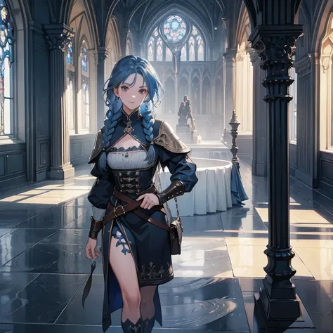 Blue Haired Girl (Ethnicity: 1.2), (Age: 2.0), (Clothing Details: 1.2), (Accessories: 1.1), (Facial Features: 1.3), (Expression: 1.2), (Body Type: 1.1), (Pose: 1.2), Center of an ornate Gothic cathedral-like environment, Two long braids of blue hair, Well-...