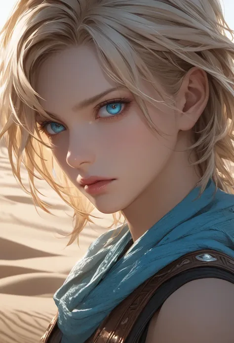 a highly detailed portrait of Vaan from Final Fantasy 12, extremely realistic, realistic skin and facial features, beautiful detailed eyes, beautiful detailed lips, extremely detailed face, long eyelashes, blonde hair, adventurous expression, wearing a lig...