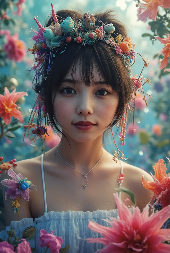 Girl in Wonderland, Hyper realistic surreal 3D close-up rendering.
Showing off the figure of a fantastic woman in a colorful, a whimsical illustration with, tropical flowers and creatures.
Digital painting, roots with vivid colors and complex, textures tha...