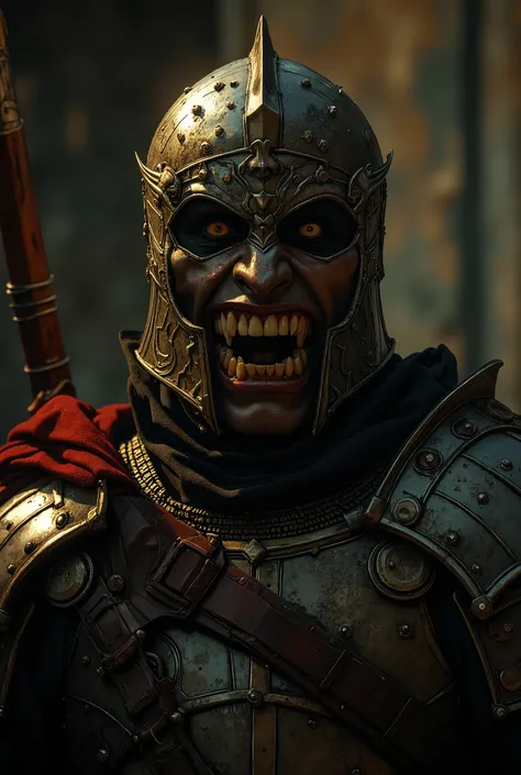 Vampire warrior king with large pointed teeth wearing Spartan armor, com a boca aberta mostrando  large, pointed teeth ,  large, pointed teeth  ,  soldier, night,  High quality,  8k quality,  a very detailed face, cinematic