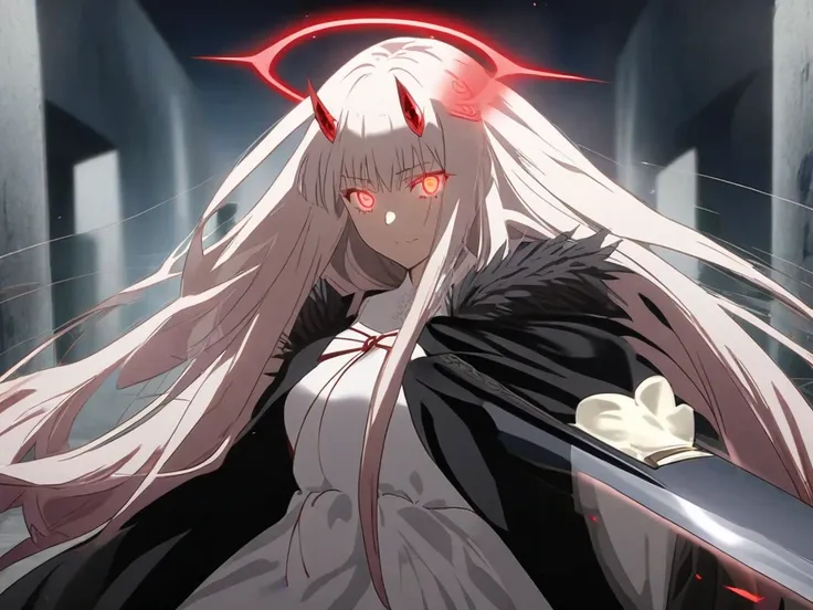 a woman in a white dress and black cape holding a sword, anime style like fate/stay night, with red glowing eyes, demon anime girl, gapmoe yandere grimdark, with glowing red eyes, zero two, with a red halo over her head, gapmoe yandere, white haired deity,...