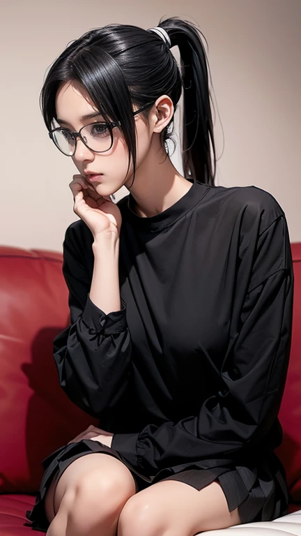  loose socks、 Sitting on the Couch 、(( ponytail))、、  pleated skirt 、 black shirt、 striped hair、Messy Hair、Sloppy、(( wearing black-rimmed glasses ))、(  sexual ecstasy  )、glass、 best quality,  by Nomi, Super Delicate Illustration , beautiful and attractive g...