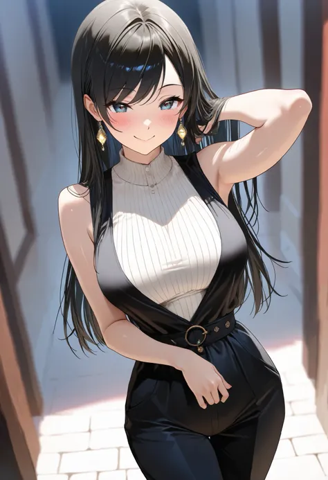 (best quality, masterpiece, ultra detailed, high resolution), Beautiful 8K CG artwork, Enriched photography, anatomically accurate body, depth of field,  1girl, elegant yet sexy girl, (long hair, black straight hair, swept bangs), 
round large breasts, bre...