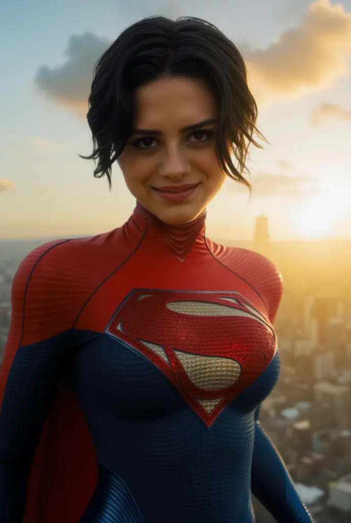 Sexy busty supergirl, superhero, beautiful detailed eyes, beautiful detailed bright smiling lips, extremely detailed face and body, long eyelashes, black hair, heroic pose, tight bodysuit, flying, cityscape background, sun raise, cinematic lighting, dramat...