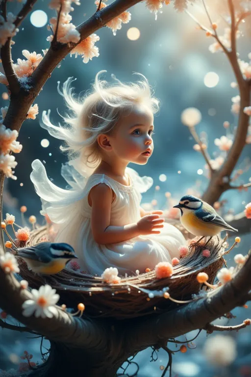 high definition double exposure    storybook poster  3d , magic beautiful  close up  macro detailed  close up titmouse birds , nest on tree branch , tiny white-haired ghost pixie baby girl   wearing white dress sitting on a tree branch near the nest, talki...