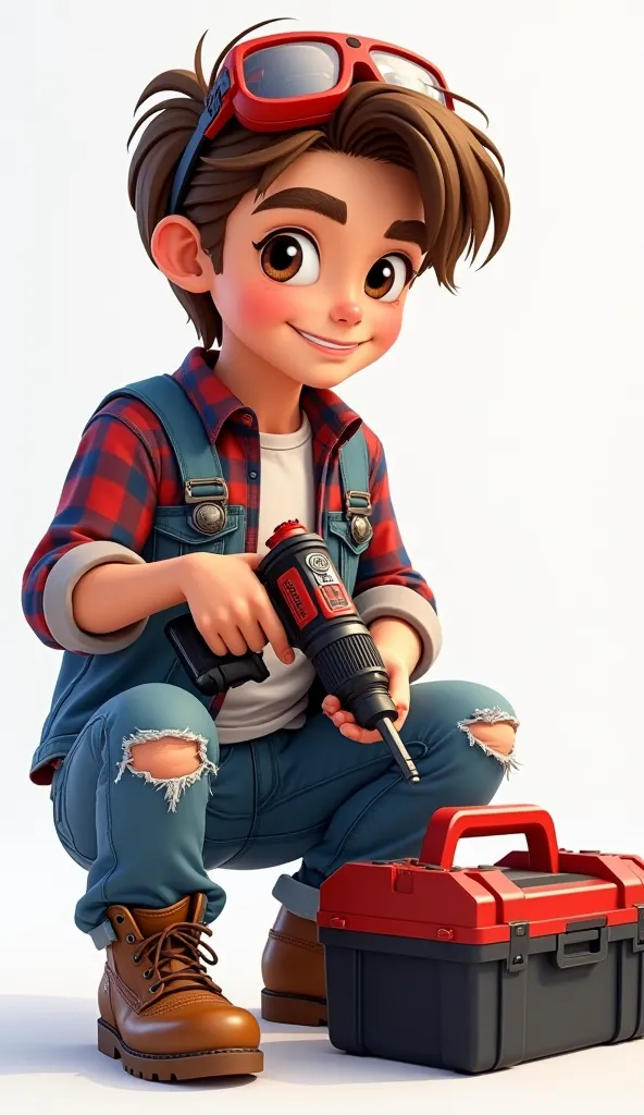  A boy who builds white skin brown eyes light brown side hair,  with red safety glasses on the head, dressed in ripped jeans, white shirt guard , small red and blue checkered shirt ,  brown boots working with a black and red drill and have next to it a bla...