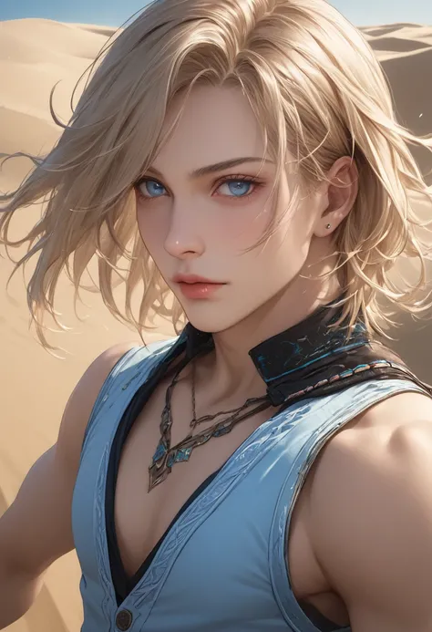 a highly detailed portrait of Vaan from Final Fantasy 12, meio-elfo, extremely realistic, realistic skin and facial features, beautiful detailed eyes, beautiful detailed lips, extremely detailed face, long eyelashes, blonde hair, adventurous expression, we...