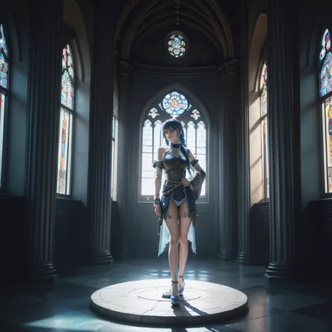 Blue Haired Girl (Ethnicity: 1.2), (Age: 2.0), (Clothing Details: 1.2), (Accessories: 1.1), (Facial Features: 1.3), (Expression: 1.2), (Body Type: 1.1), (Pose: 1.2), Center of an ornate Gothic cathedral-like environment, Two long braids of blue hair, Well-...