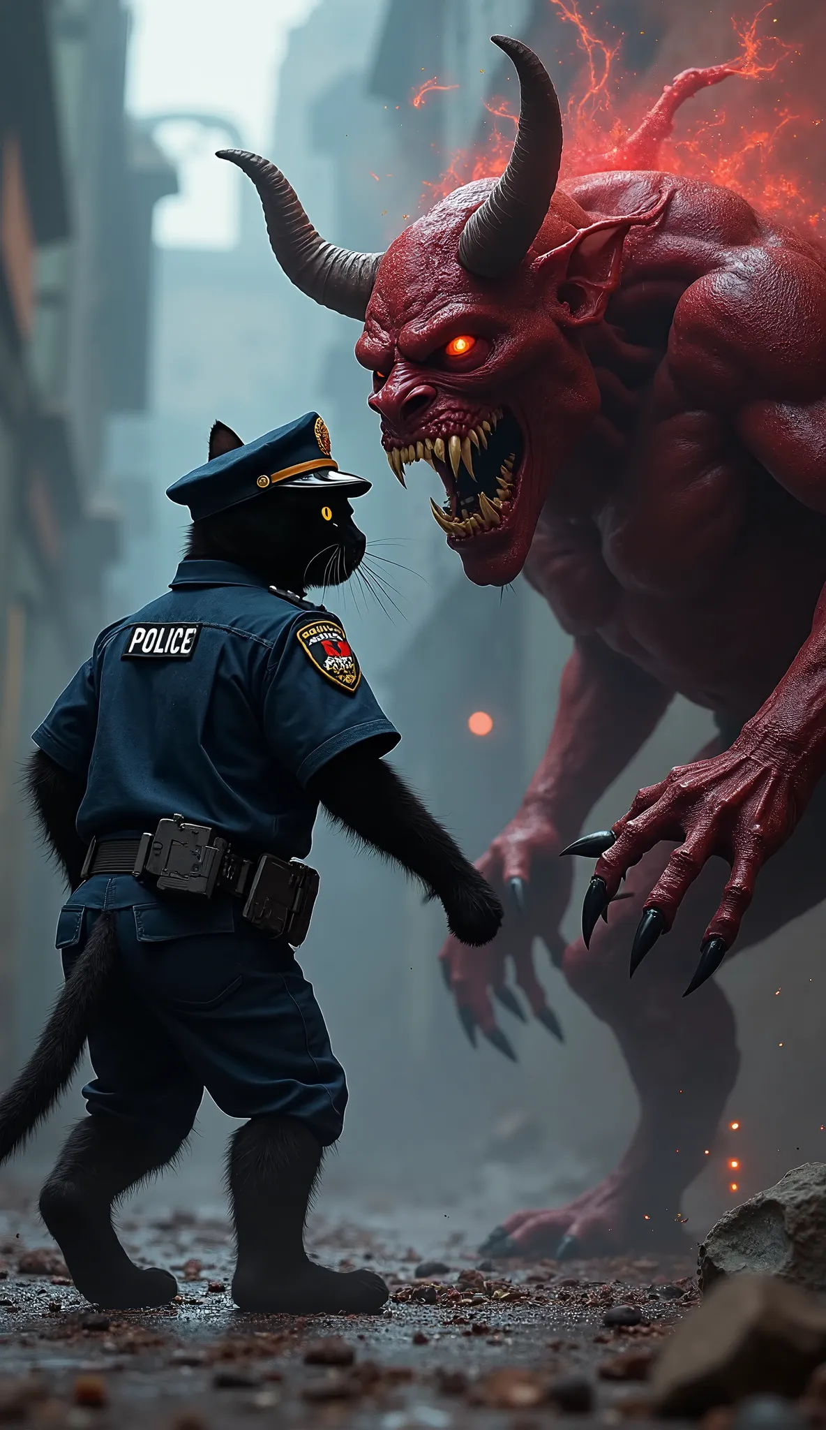 black cat (dressed police)  fight with monster devil 