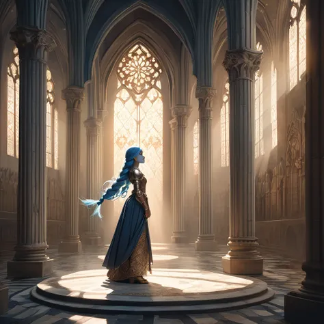 Blue Haired Girl (Ethnicity: 1.2), (Age: 2.0), (Clothing Details: 1.2), (Accessories: 1.1), (Facial Features: 1.3), (Expression: 1.2), (Body Type: 1.1), (Pose: 1.2), Center of an ornate Gothic cathedral-like environment, Two long braids of blue hair, Well-...