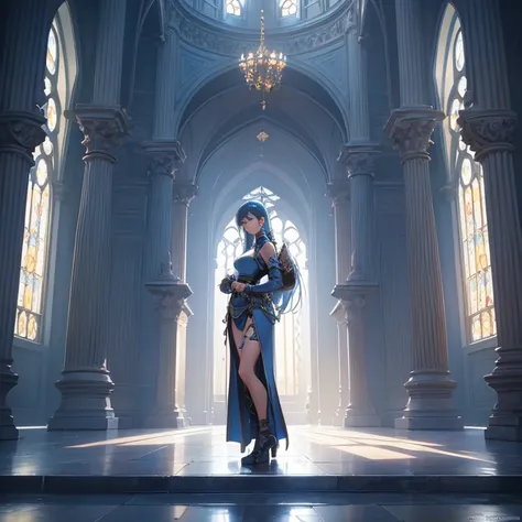 Blue Haired Girl (Ethnicity: 1.2), (Age: 2.0), (Clothing Details: 1.2), (Accessories: 1.1), (Facial Features: 1.3), (Expression: 1.2), (Body Type: 1.1), (Pose: 1.2), Center of an ornate Gothic cathedral-like environment, Two long braids of blue hair, Well-...