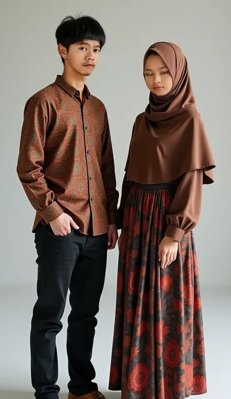 (photorealism  ,19 year old Indonesian male, , skinny and thin (short) short ,haircut (undercut) wearing long-sleeved batik and black jeans,with a 1 woman wearing a brown hijab with a batik kebaya and a skirt ,,both facing forward with a thin sentum ,backg...